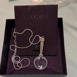 LAGOS Silver and Gold Beaded Necklace-Signature Caviar Magnifying Glass Pendant
